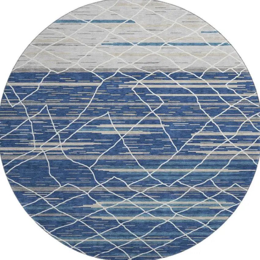 8' Navy Blue Gray And Ivory Striped Washable Round Rug With UV Protection Photo 4