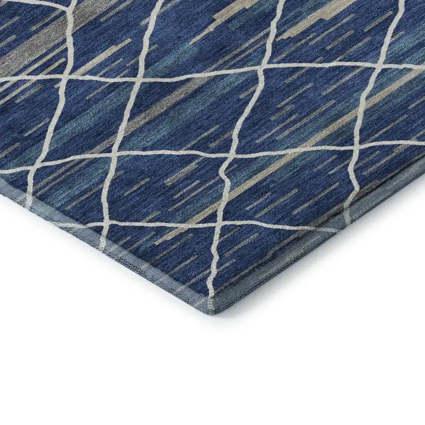 8' Navy Blue Gray And Ivory Striped Washable Round Rug With UV Protection Photo 6