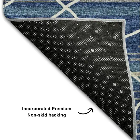 8' Navy Blue Gray And Ivory Striped Washable Round Rug With UV Protection Photo 5