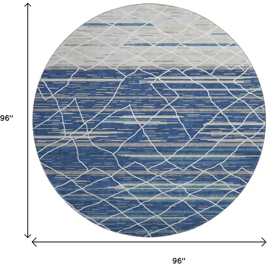 8' Navy Blue Gray And Ivory Striped Washable Round Rug With UV Protection Photo 9