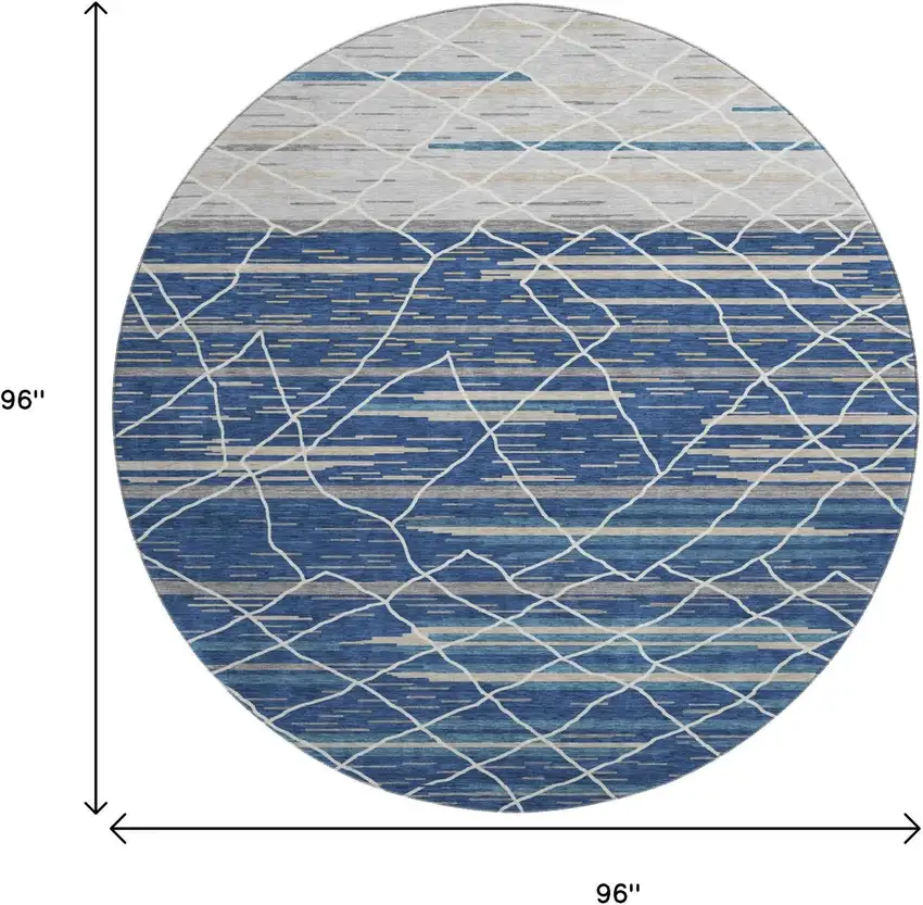 8' Navy Blue Gray And Ivory Striped Washable Round Rug With UV Protection Photo 9