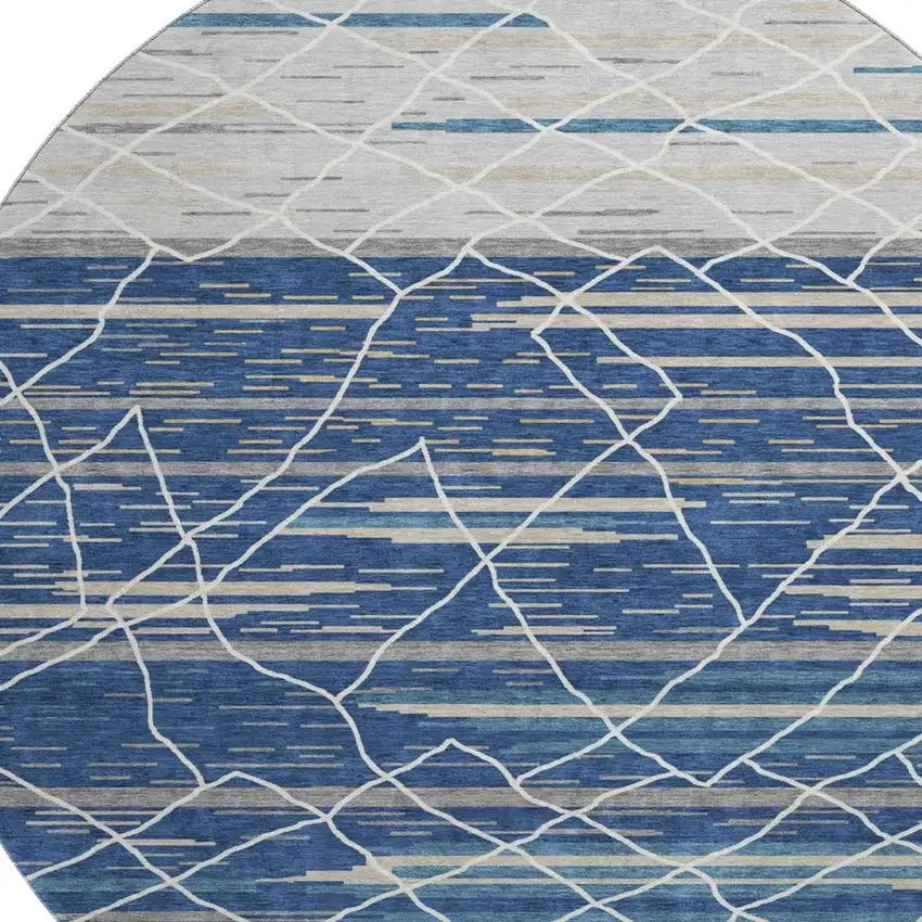 8' Navy Blue Gray And Ivory Striped Washable Round Rug With UV Protection Photo 2