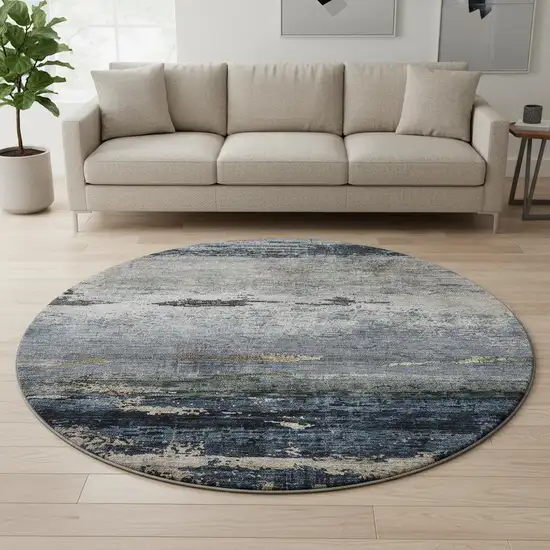 8' Navy Blue Gray And Silver Abstract Washable Round Rug With UV Protection Photo 2