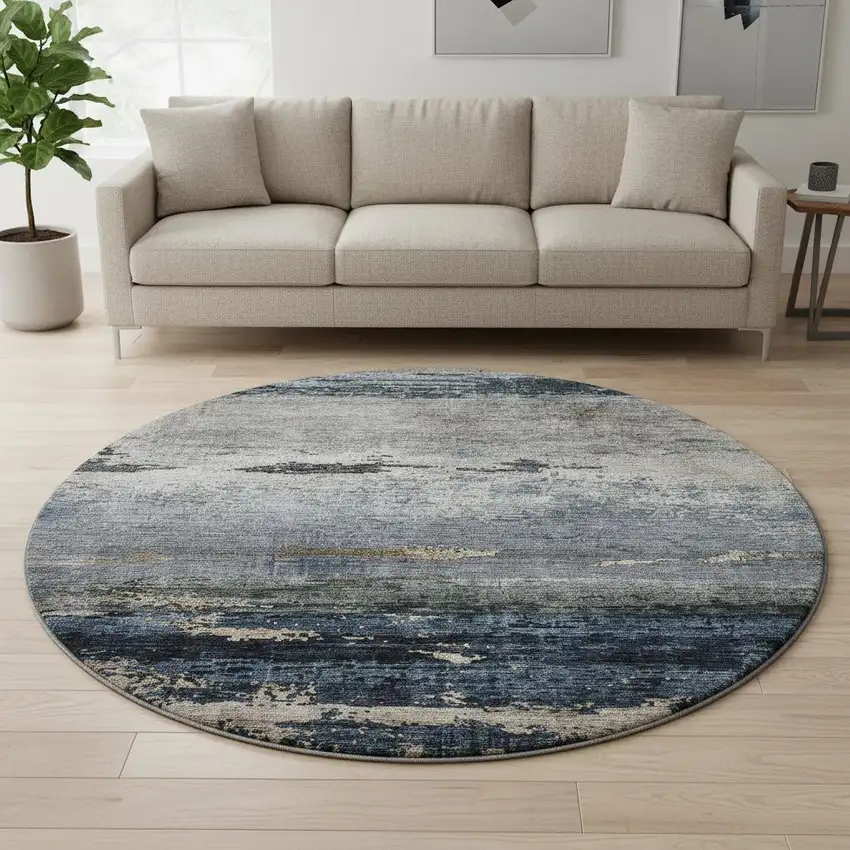 8' Navy Blue Gray And Silver Abstract Washable Round Rug With UV Protection Photo 2