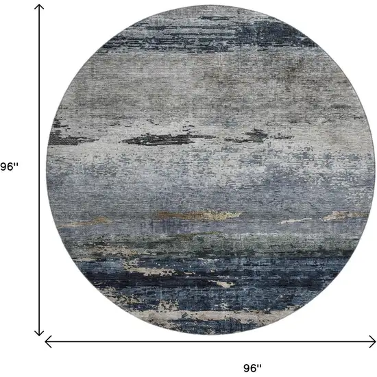 8' Navy Blue Gray And Silver Abstract Washable Round Rug With UV Protection Photo 9