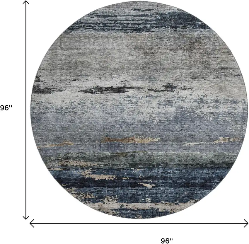 8' Navy Blue Gray And Silver Abstract Washable Round Rug With UV Protection Photo 9