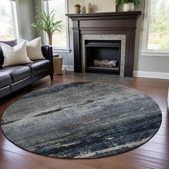 8' Navy Blue Gray And Silver Abstract Washable Round Rug With UV Protection Photo 4