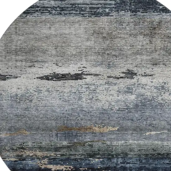 8' Navy Blue Gray And Silver Abstract Washable Round Rug With UV Protection Photo 2