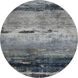 Photo of 8' Navy Blue Gray And Silver Abstract Washable Round Rug With UV Protection
