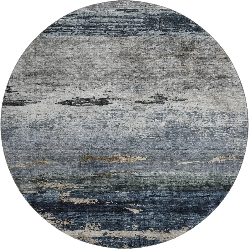 8' Navy Blue Gray And Silver Abstract Washable Round Rug With UV Protection Photo 1