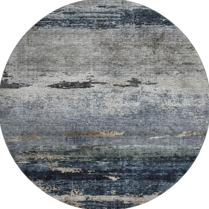 8' Navy Blue Gray And Silver Abstract Washable Round Rug With UV Protection Photo 3