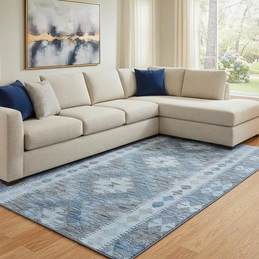 8' Navy Blue Gray And Silver Geometric Washable Area Rug With UV Protection Photo 2