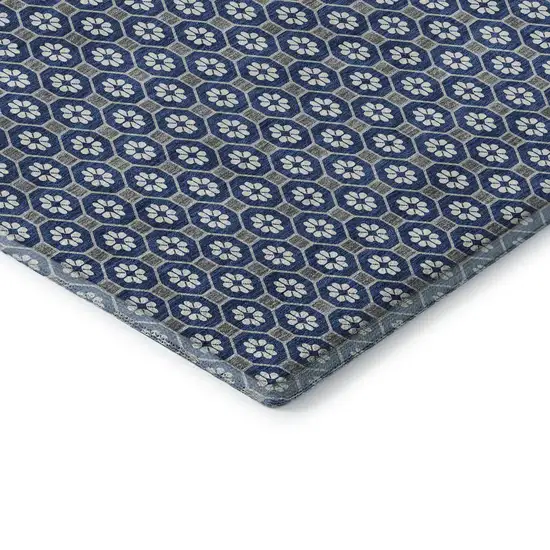 8' Navy Blue Gray And Silver Geometric Washable Area Rug With UV Protection Photo 7