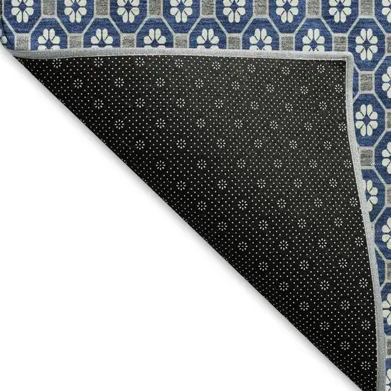 8' Navy Blue Gray And Silver Geometric Washable Area Rug With UV Protection Photo 3