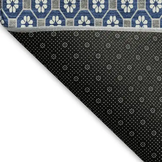 8' Navy Blue Gray And Silver Geometric Washable Area Rug With UV Protection Photo 2