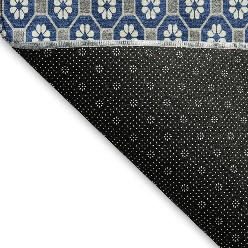 8' Navy Blue Gray And Silver Geometric Washable Area Rug With UV Protection Photo 2