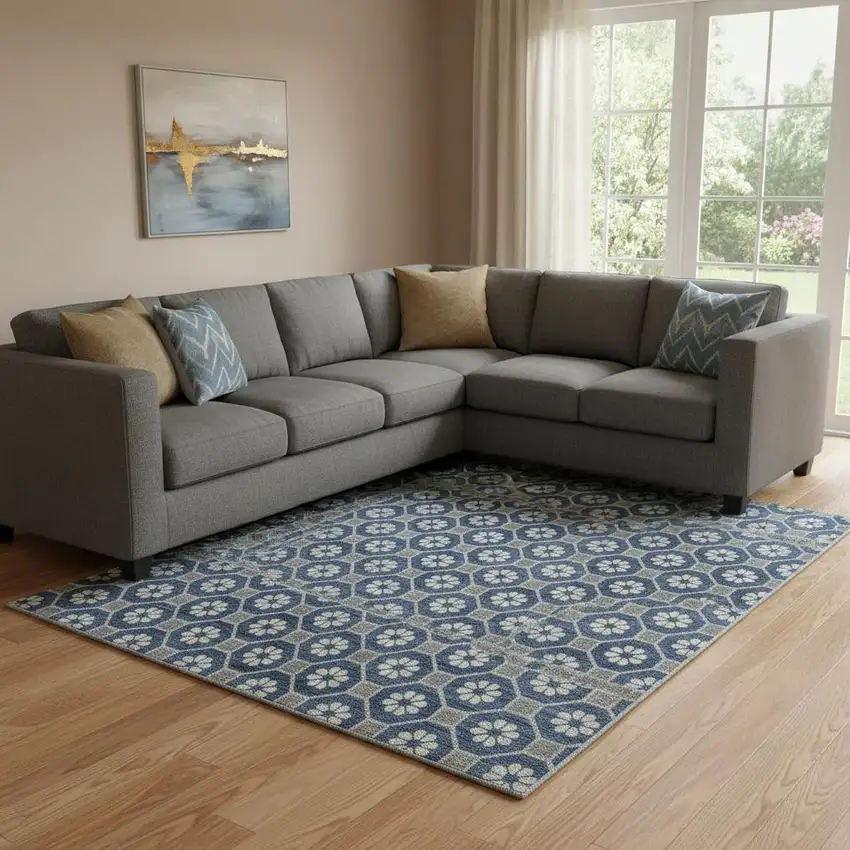 8' Navy Blue Gray And Silver Geometric Washable Area Rug With UV Protection Photo 2