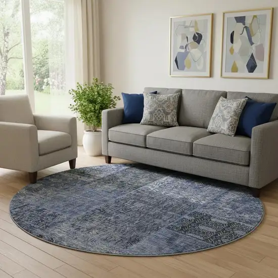 8' Navy Blue Gray And Silver Patchwork Washable Round Rug With UV Protection Photo 1