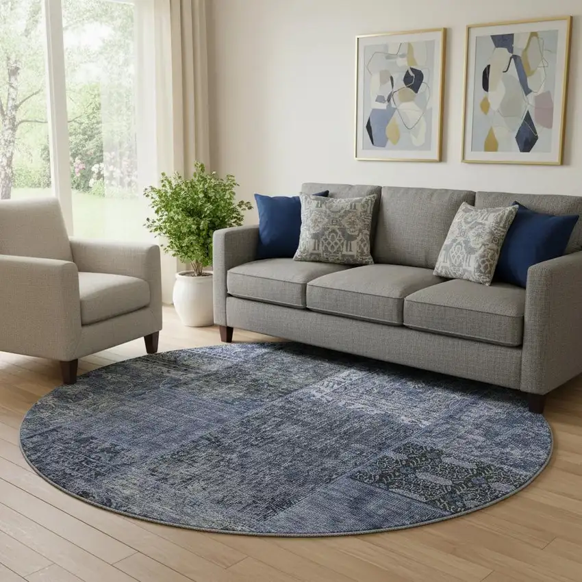 8' Navy Blue Gray And Silver Patchwork Washable Round Rug With UV Protection Photo 1