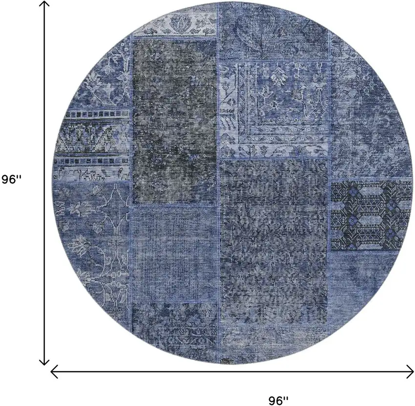 8' Navy Blue Gray And Silver Patchwork Washable Round Rug With UV Protection Photo 3