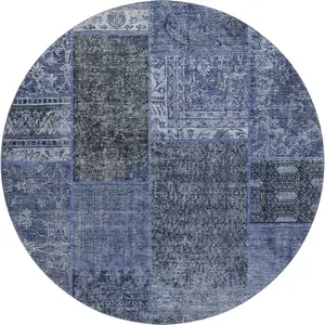 Photo of 8' Navy Blue Gray And Silver Patchwork Washable Round Rug With UV Protection