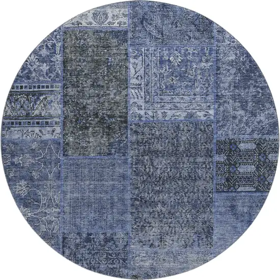 8' Navy Blue Gray And Silver Patchwork Washable Round Rug With UV Protection Photo 1
