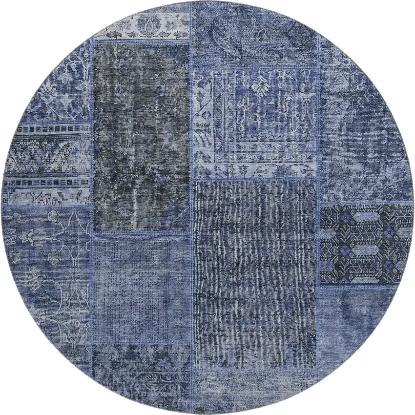 8' Navy Blue Gray And Silver Patchwork Washable Round Rug With UV Protection Photo 1