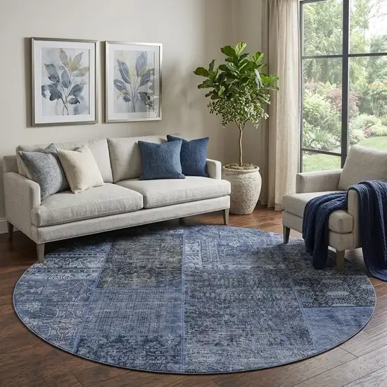 8' Navy Blue Gray And Silver Patchwork Washable Round Rug With UV Protection Photo 1