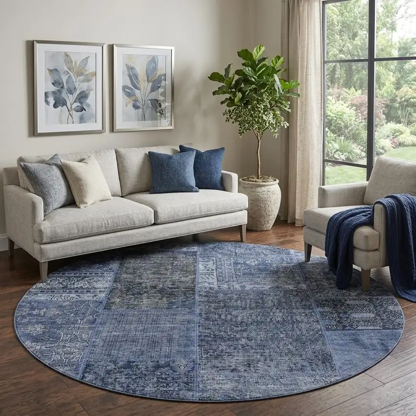 8' Navy Blue Gray And Silver Patchwork Washable Round Rug With UV Protection Photo 1