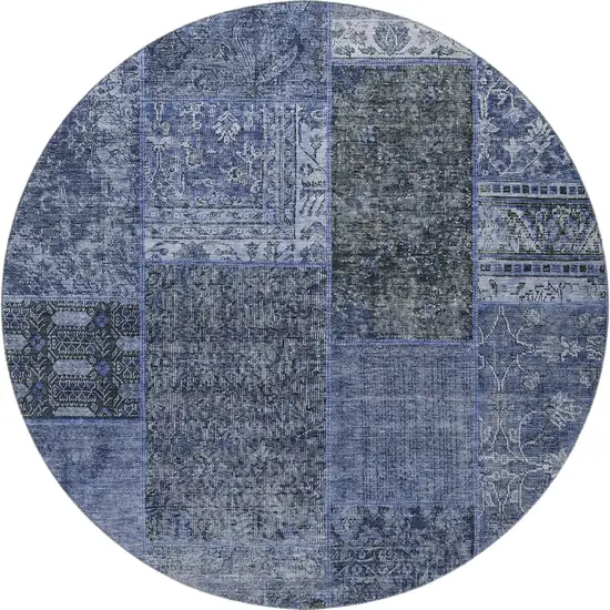 8' Navy Blue Gray And Silver Patchwork Washable Round Rug With UV Protection Photo 4