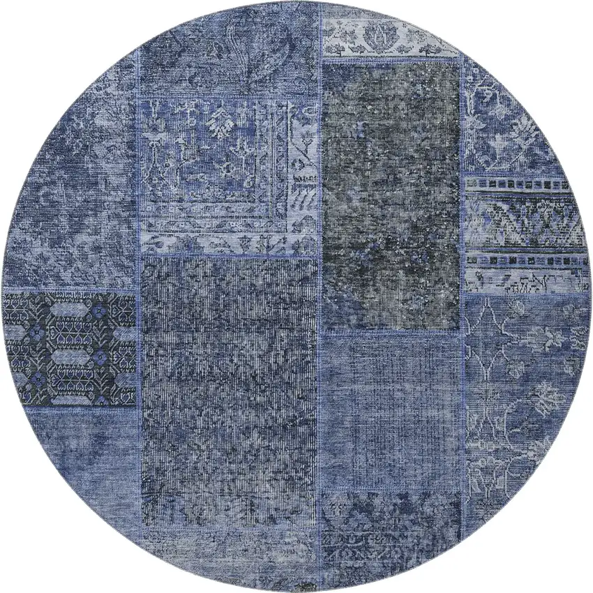 8' Navy Blue Gray And Silver Patchwork Washable Round Rug With UV Protection Photo 4