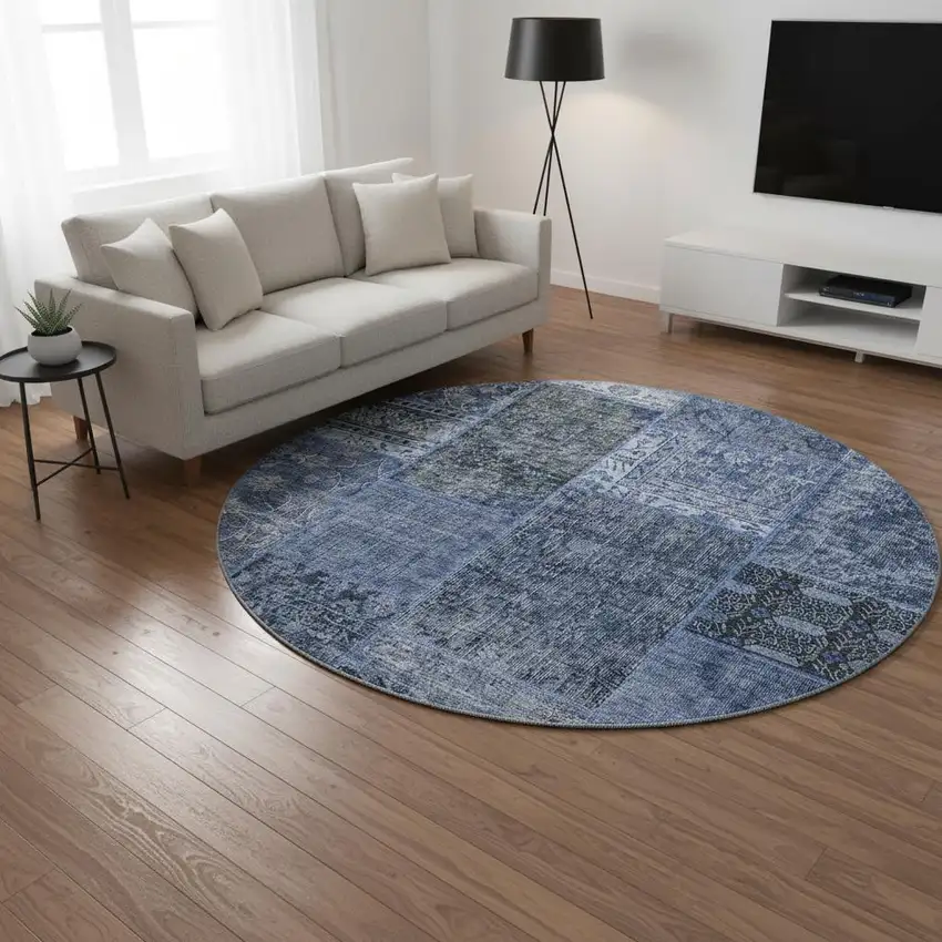 8' Navy Blue Gray And Silver Patchwork Washable Round Rug With UV Protection Photo 2