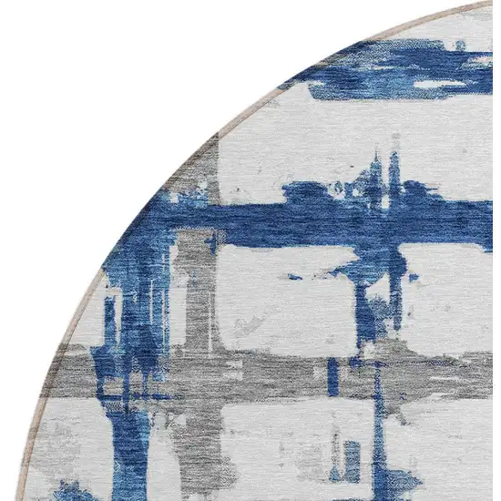 8' Navy Blue Gray And Silver Round Striped Washable Indoor Outdoor Area Rug Photo 5