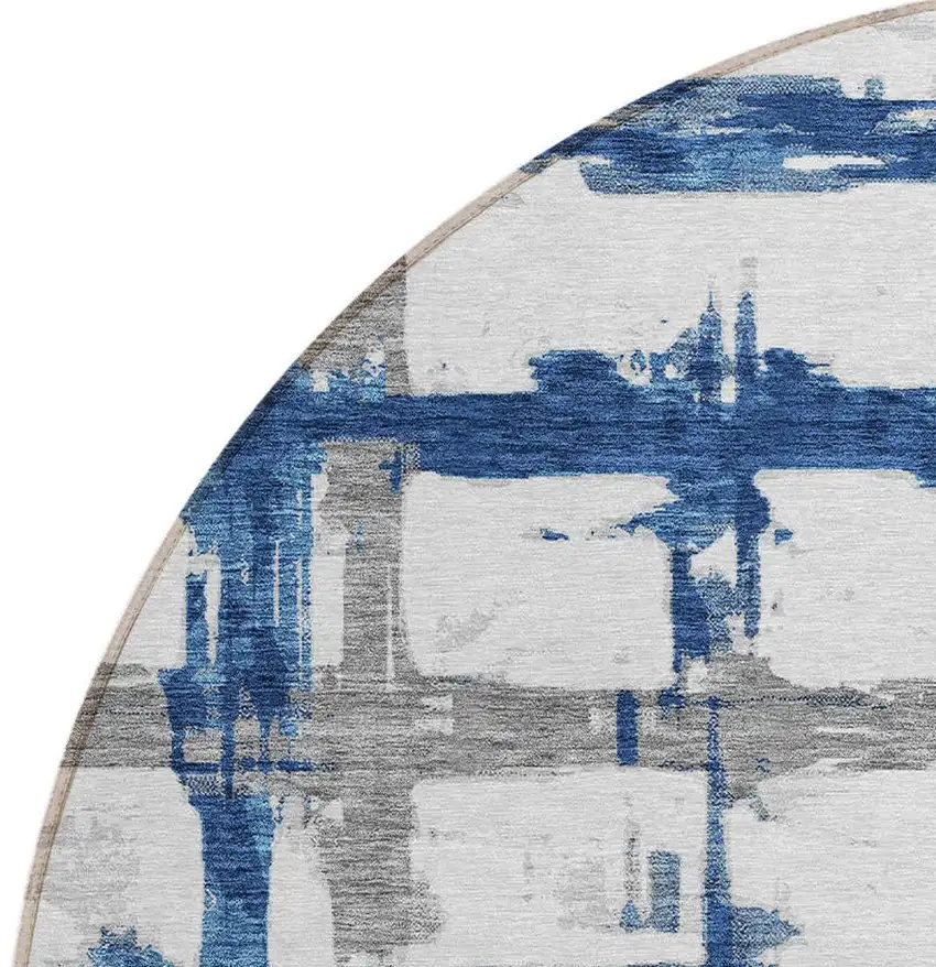 8' Navy Blue Gray And Silver Round Striped Washable Indoor Outdoor Area Rug Photo 5
