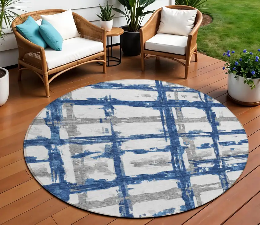 8' Navy Blue Gray And Silver Round Striped Washable Indoor Outdoor Area Rug Photo 1