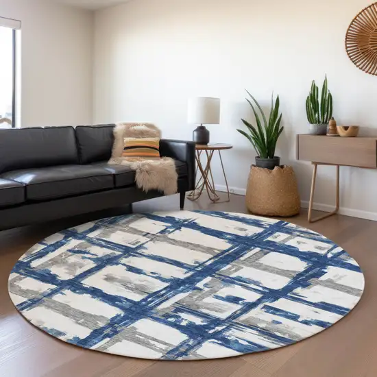 8' Navy Blue Gray And Silver Round Striped Washable Indoor Outdoor Area Rug Photo 7