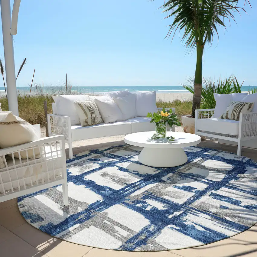 8' Navy Blue Gray And Silver Round Striped Washable Indoor Outdoor Area Rug Photo 6
