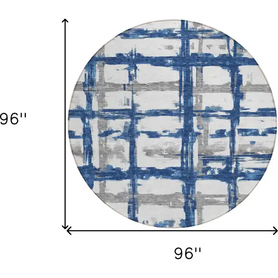 8' Navy Blue Gray And Silver Round Striped Washable Indoor Outdoor Area Rug Photo 8