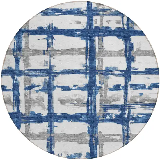 8' Navy Blue Gray And Silver Round Striped Washable Indoor Outdoor Area Rug Photo 1