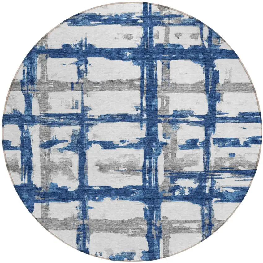 8' Navy Blue Gray And Silver Round Striped Washable Indoor Outdoor Area Rug Photo 1