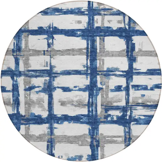 8' Navy Blue Gray And Silver Round Striped Washable Indoor Outdoor Area Rug Photo 1