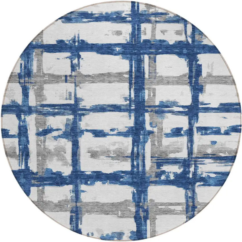 8' Navy Blue Gray And Silver Round Striped Washable Indoor Outdoor Area Rug Photo 1
