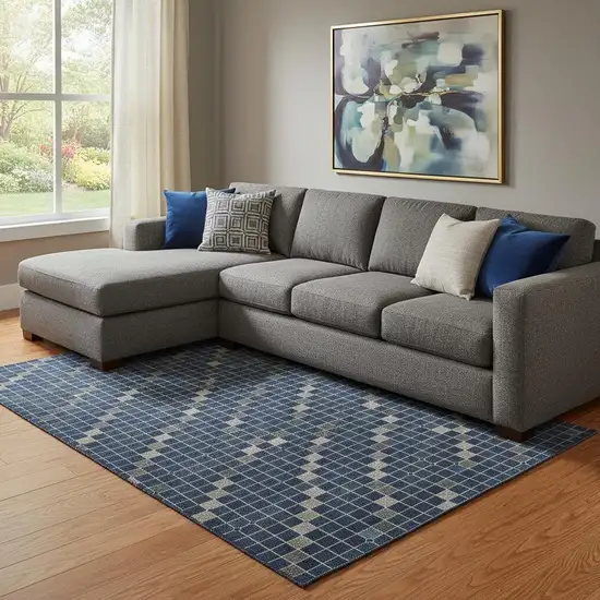 8' Navy Blue Gray And Silver Striped Washable Area Rug With UV Protection Photo 2