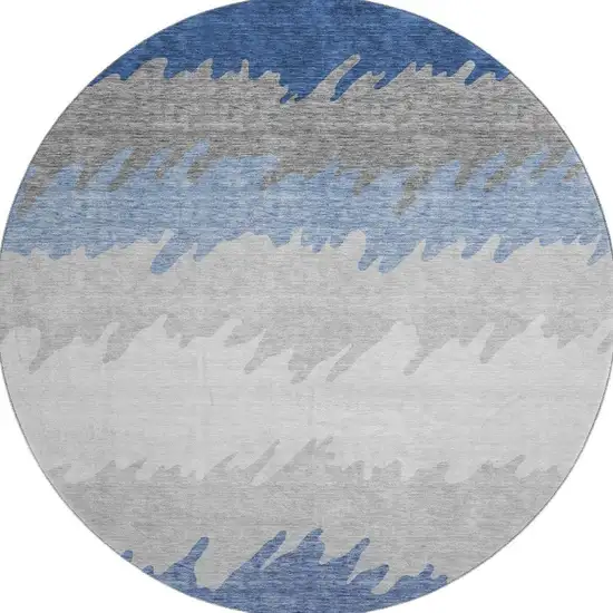 8' Navy Blue Gray And Silver Striped Washable Round Rug With UV Protection Photo 3