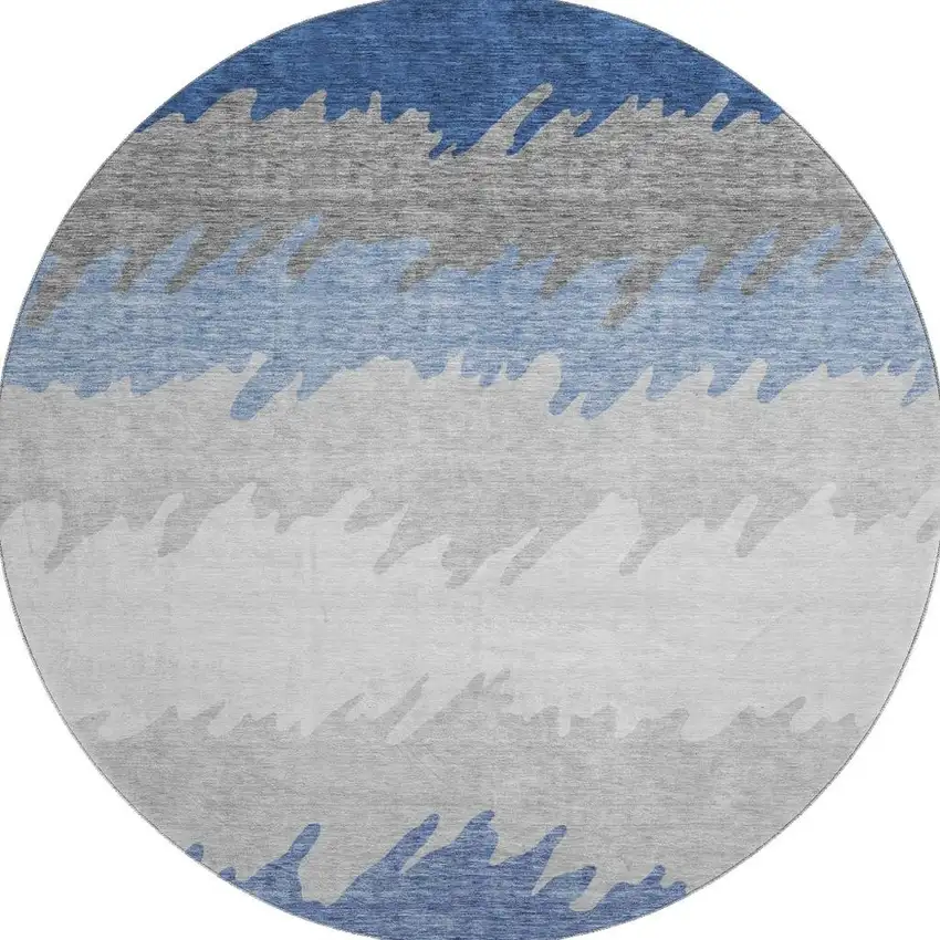 8' Navy Blue Gray And Silver Striped Washable Round Rug With UV Protection Photo 3