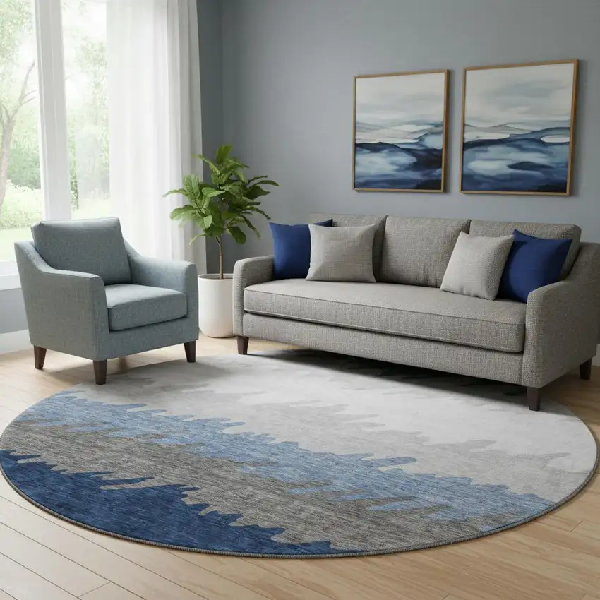 8' Navy Blue Gray And Silver Striped Washable Round Rug With UV Protection Photo 1