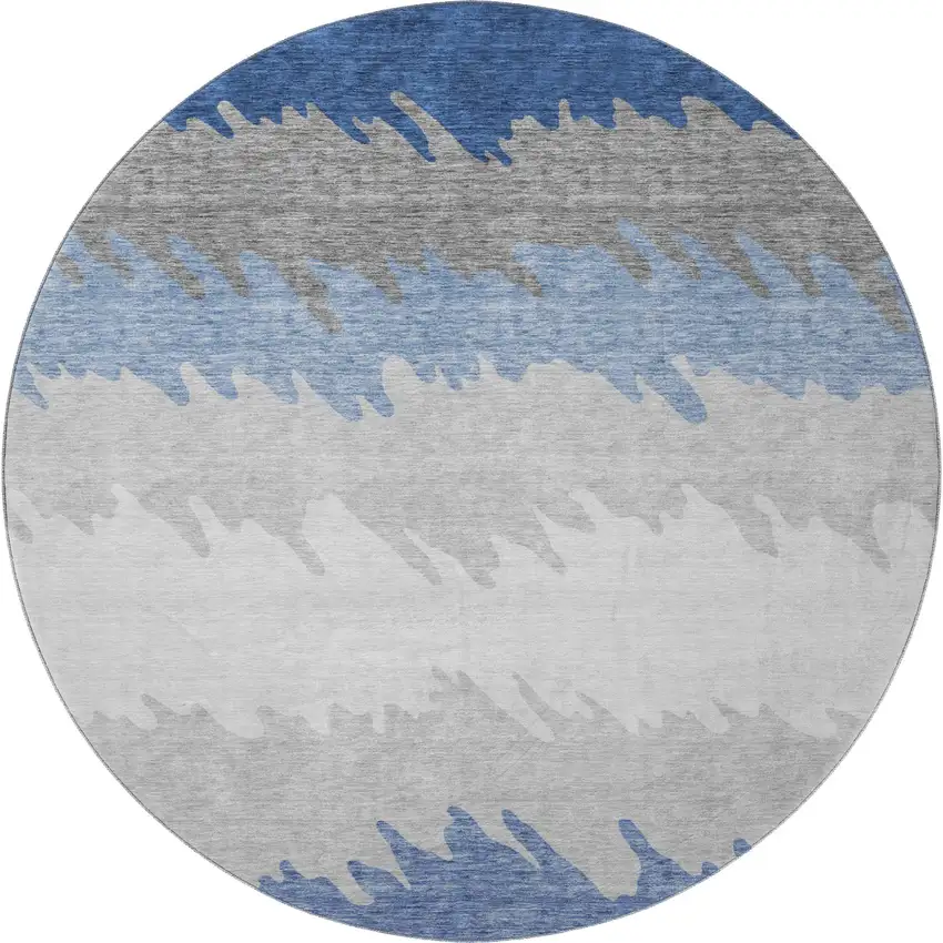 8' Navy Blue Gray And Silver Striped Washable Round Rug With UV Protection Photo 4