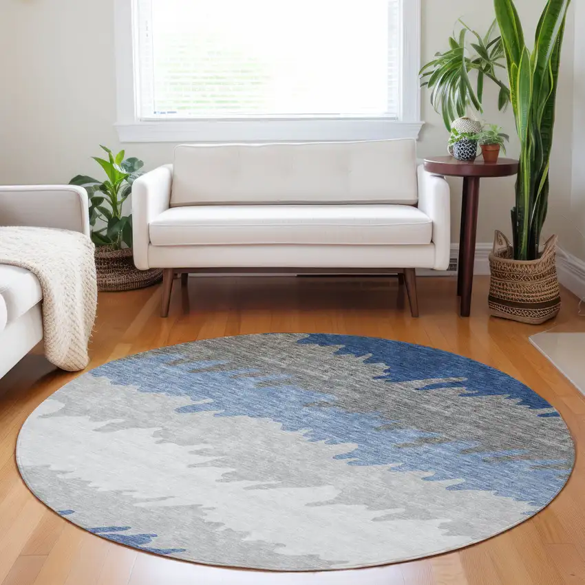 8' Navy Blue Gray And Silver Striped Washable Round Rug With UV Protection Photo 5