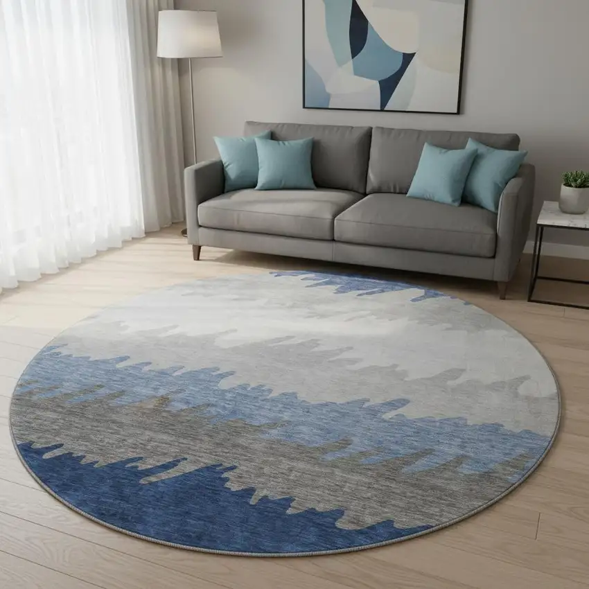 8' Navy Blue Gray And Silver Striped Washable Round Rug With UV Protection Photo 2