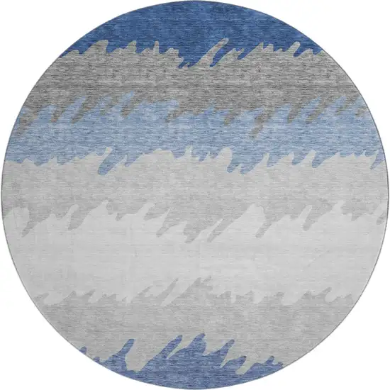 8' Navy Blue Gray And Silver Striped Washable Round Rug With UV Protection Photo 1